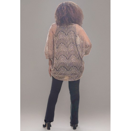 Kimono Ponto Tricot Manga Ampla Marrom