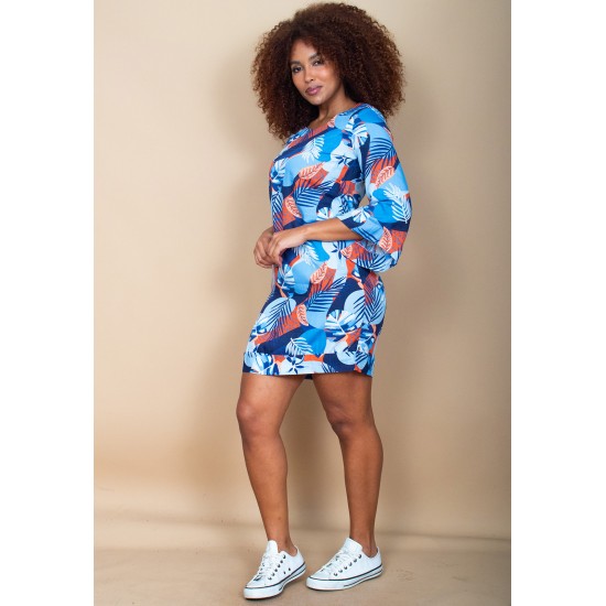 Vestido Curto Viscose Balli Manga Ampla Estampa Jardim Celeste