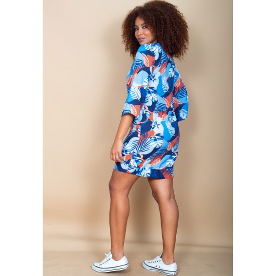 Vestido Curto Viscose Balli Manga Ampla Estampa Jardim Celeste