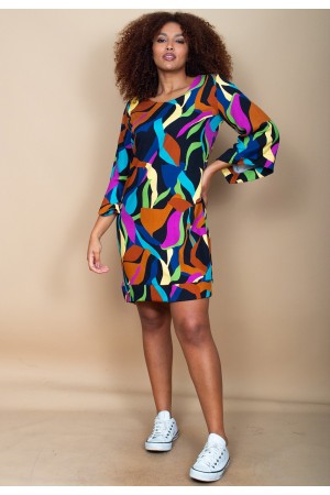 Vestido Curto Viscose Balli Manga Ampla Estampa Aurora Urbana