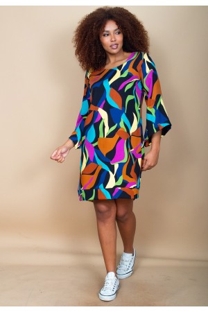 Vestido Curto Viscose Balli Manga Ampla Estampa Aurora Urbana