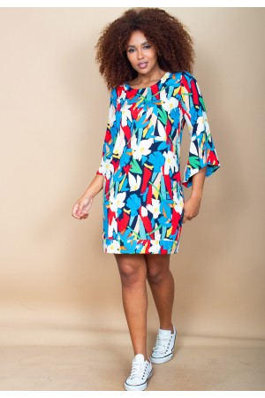 Vestido Curto Viscose Balli Manga Ampla Estampa Floresce