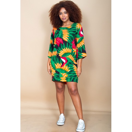 Vestido Curto Viscose Balli Manga Ampla Estampa Festas dos Tucanos