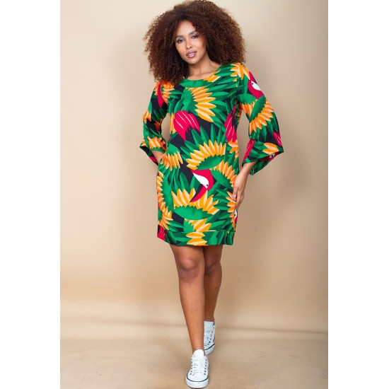 Vestido Curto Viscose Balli Manga Ampla Estampa Festas dos Tucanos