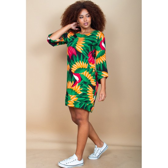 Vestido Curto Viscose Balli Manga Ampla Estampa Festas dos Tucanos