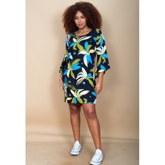 Vestido Curto Viscose Balli Manga Ampla Estampa Jardim Noturno