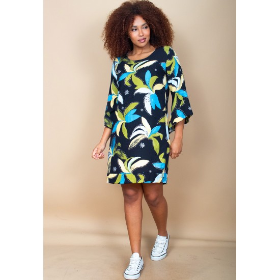 Vestido Curto Viscose Balli Manga Ampla Estampa Jardim Noturno