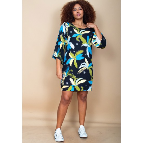 Vestido Curto Viscose Balli Manga Ampla Estampa Jardim Noturno