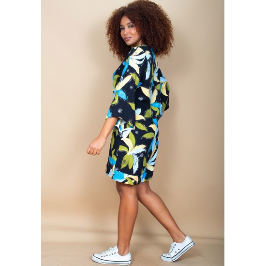 Vestido Curto Viscose Balli Manga Ampla Estampa Jardim Noturno