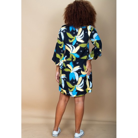 Vestido Curto Viscose Balli Manga Ampla Estampa Jardim Noturno