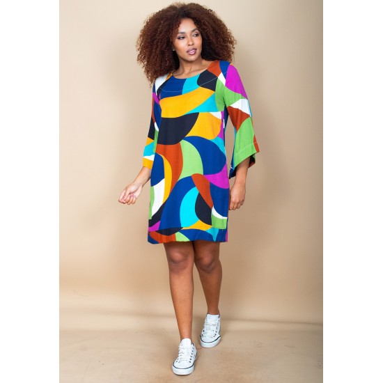 Vestido Curto Viscose Balli Manga Ampla Estampa Jardim Azul