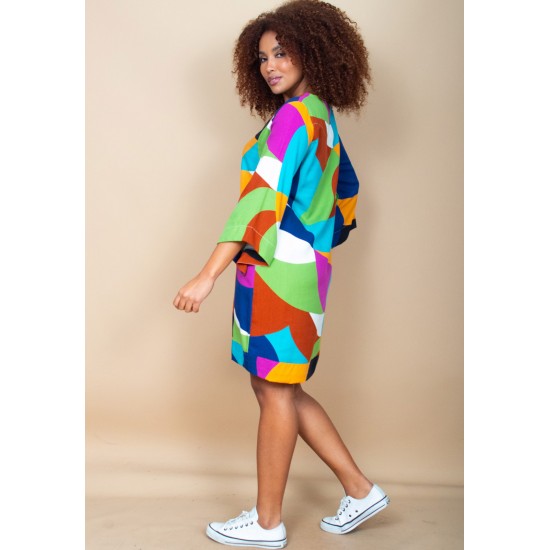 Vestido Curto Viscose Balli Manga Ampla Estampa Jardim Azul