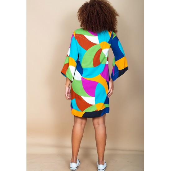 Vestido Curto Viscose Balli Manga Ampla Estampa Jardim Azul