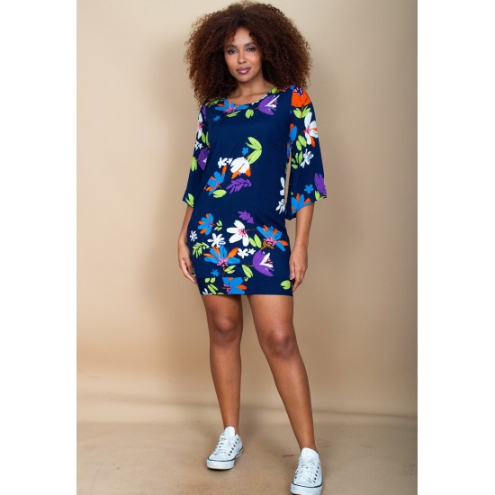 Vestido Curto Viscose Balli Manga Ampla Estampa Festa das Flores Azul