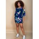 Vestido Curto Viscose Balli Manga Ampla Estampa Festa das Flores Azul