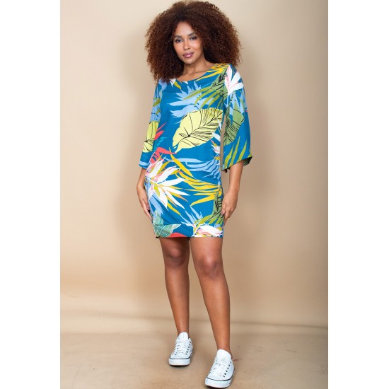 Vestido Curto Viscose Balli Manga Ampla Estampa Brisa Botânica