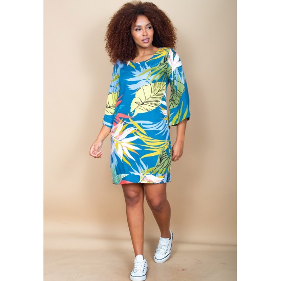 Vestido Curto Viscose Balli Manga Ampla Estampa Brisa Botânica