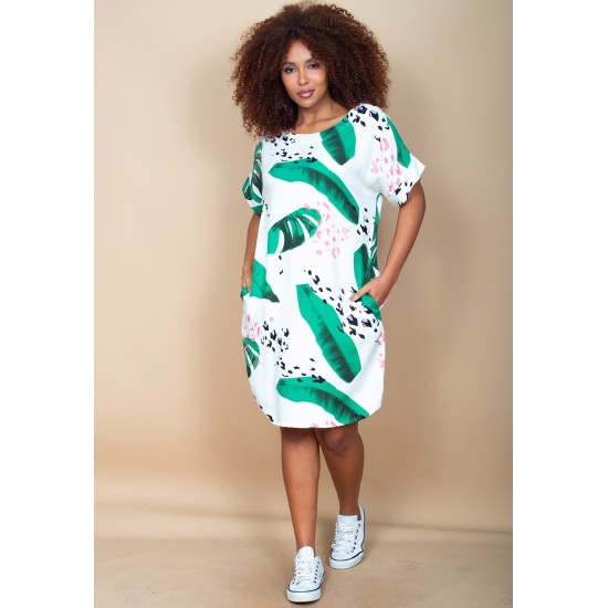 Vestido Curto Viscose com Bolso Estampa Folhagem Poética