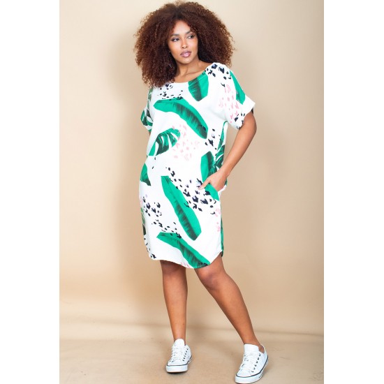 Vestido Curto Viscose com Bolso Estampa Folhagem Poética