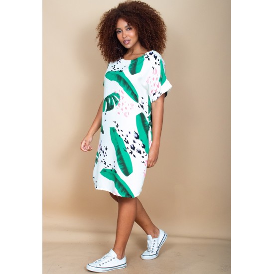 Vestido Curto Viscose com Bolso Estampa Folhagem Poética