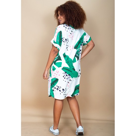 Vestido Curto Viscose com Bolso Estampa Folhagem Poética