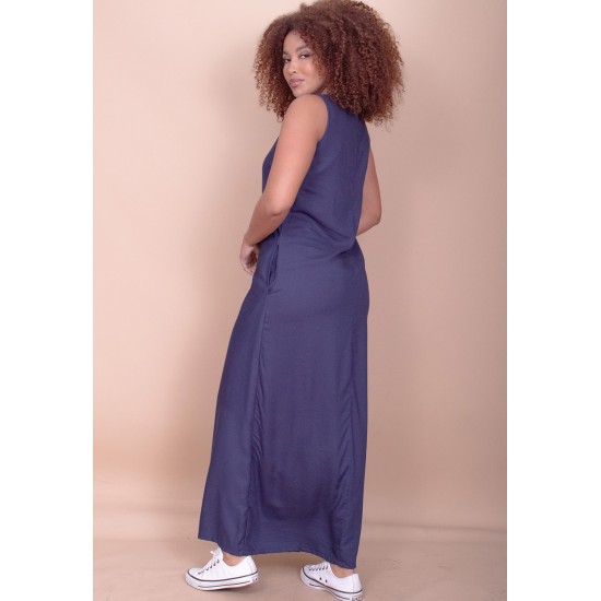 Vestido Longo Plano com Bolso Estampa Azul Marinho