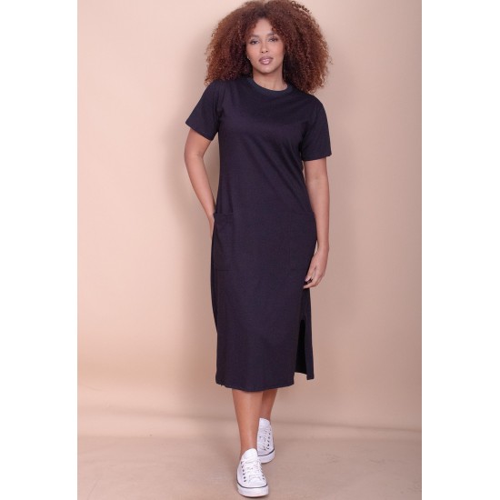 Vestido Midi Algodão Manga Curta 02 Bolsos Preto