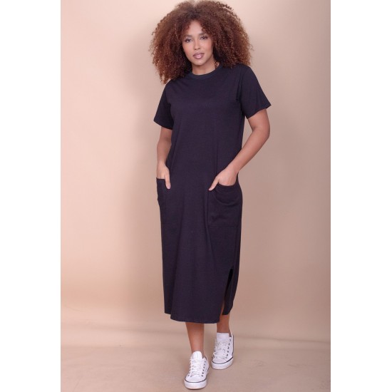 Vestido Midi Algodão Manga Curta 02 Bolsos Preto