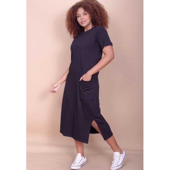 Vestido Midi Algodão Manga Curta 02 Bolsos Preto