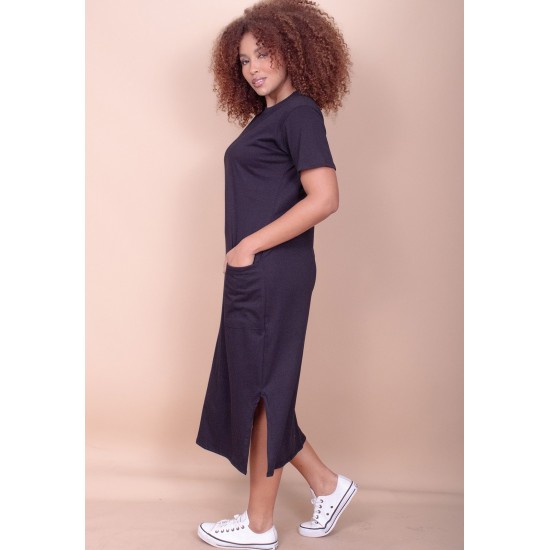 Vestido Midi Algodão Manga Curta 02 Bolsos Preto