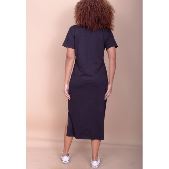 Vestido Midi Algodão Manga Curta 02 Bolsos Preto