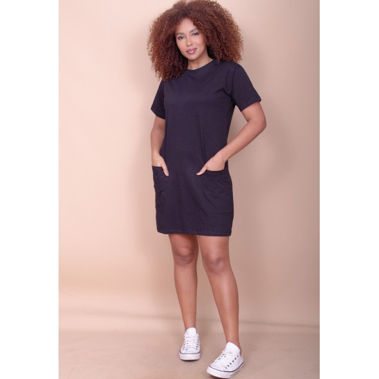 Vestido Curto Algodão Manga Curta 02 Bolsos Preto