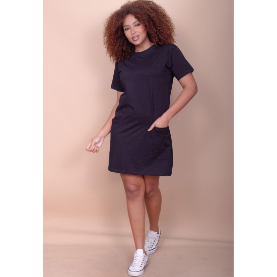 Vestido Curto Algodão Manga Curta 02 Bolsos Preto