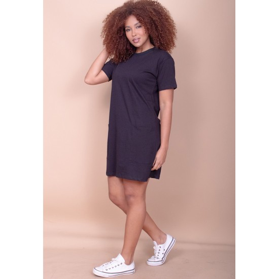 Vestido Curto Algodão Manga Curta 02 Bolsos Preto
