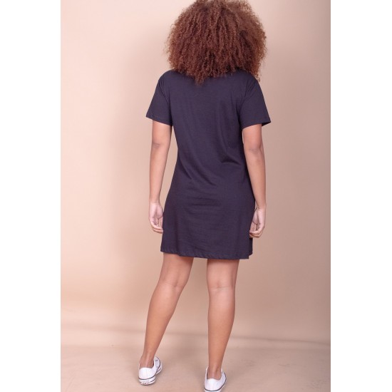 Vestido Curto Algodão Manga Curta 02 Bolsos Preto