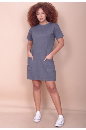 Vestido Curto Algodão Manga Curta 02 Bolsos Cinza