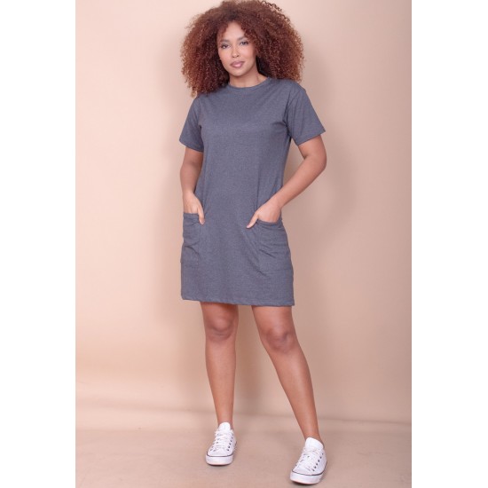 Vestido Curto Algodão Manga Curta 02 Bolsos Cinza