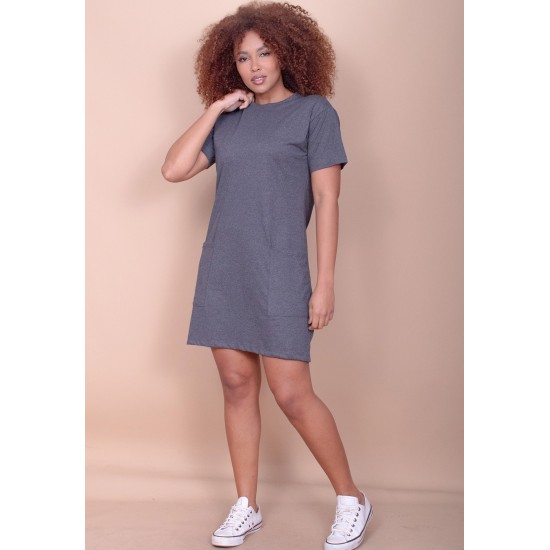 Vestido Curto Algodão Manga Curta 02 Bolsos Cinza