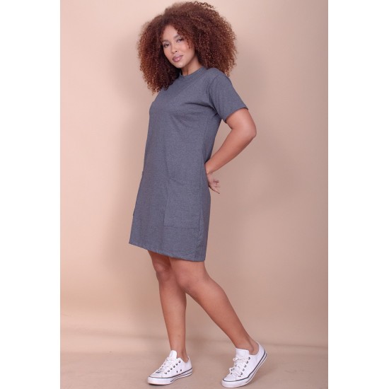 Vestido Curto Algodão Manga Curta 02 Bolsos Cinza