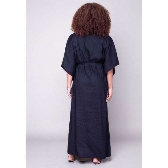 Vestido Kaftan Linho com Viscose Longo Preto