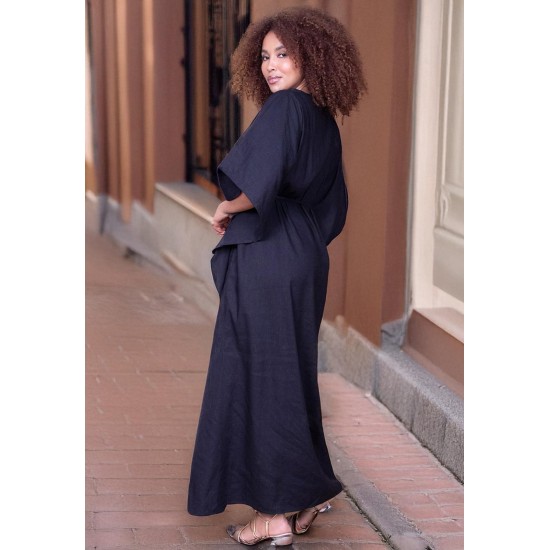 Vestido Kaftan Linho com Viscose Longo Preto