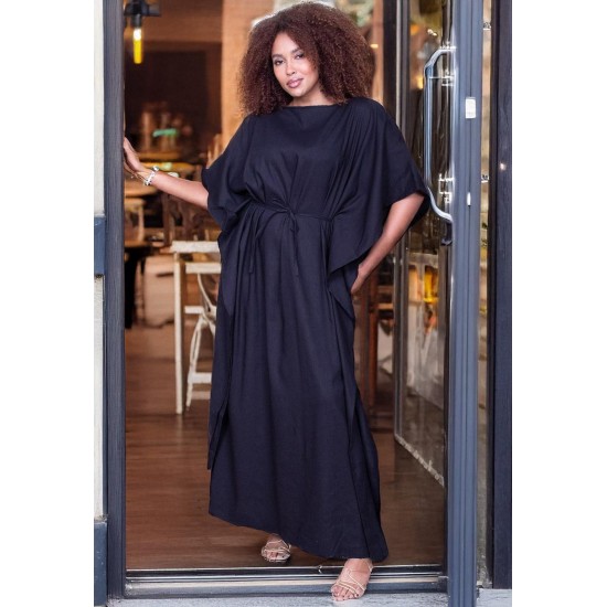 Vestido Kaftan Linho com Viscose Longo Preto
