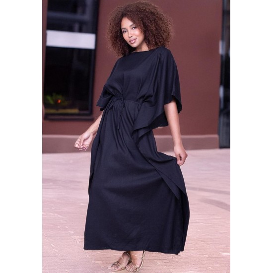 Vestido Kaftan Linho com Viscose Longo Preto