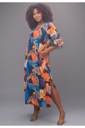 Vestido Midi Abapã Plano com Bolso Estampa Aurora Profunda