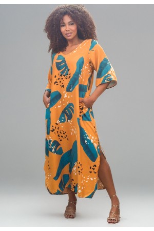 Vestido Midi Abapã Plano com Bolso Estampa Aurora Botânica