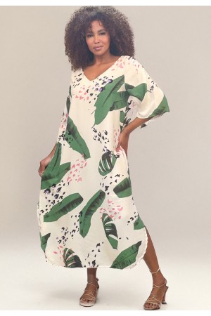 Vestido Midi Abapã Plano com Bolso Estampa Folhagem Poética