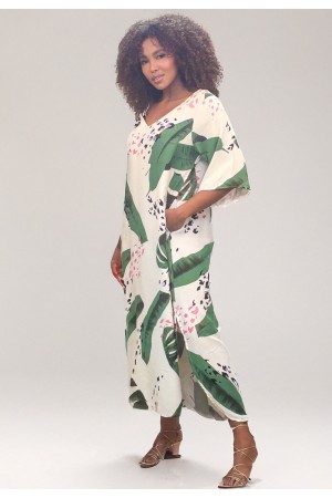 Vestido Midi Abapã Plano com Bolso Estampa Folhagem Poética