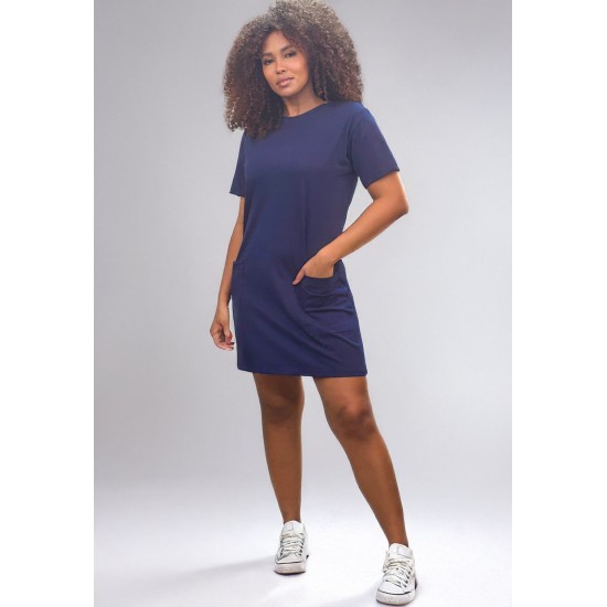 Vestido Curto Algodão Manga Curta 02 Bolsos Azul Marinho