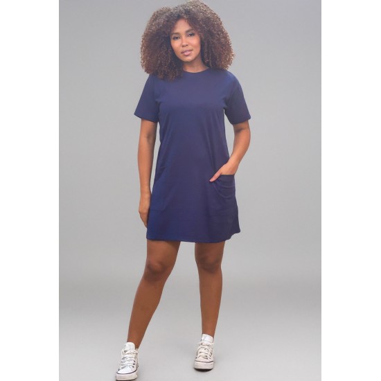 Vestido Curto Algodão Manga Curta 02 Bolsos Azul Marinho