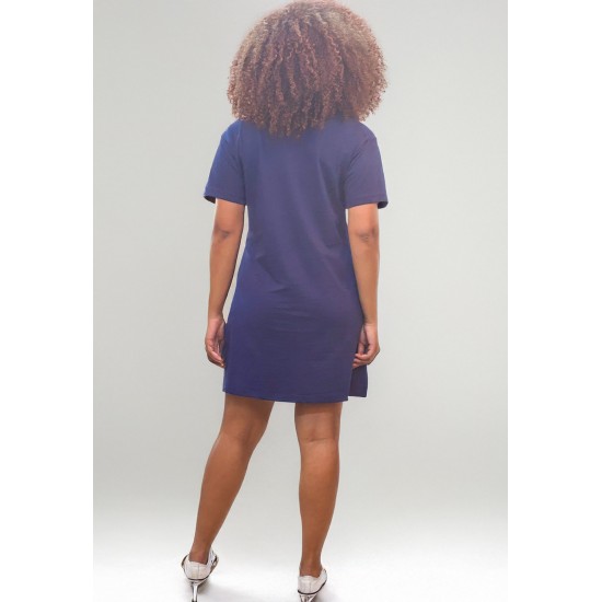 Vestido Curto Algodão Manga Curta 02 Bolsos Azul Marinho